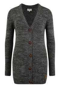 Cardigan en tricot gris avec un col en V, des manches longues et cinq boutons marron. Il possède deux poches avant et une petite étiquette sur l'ourlet.