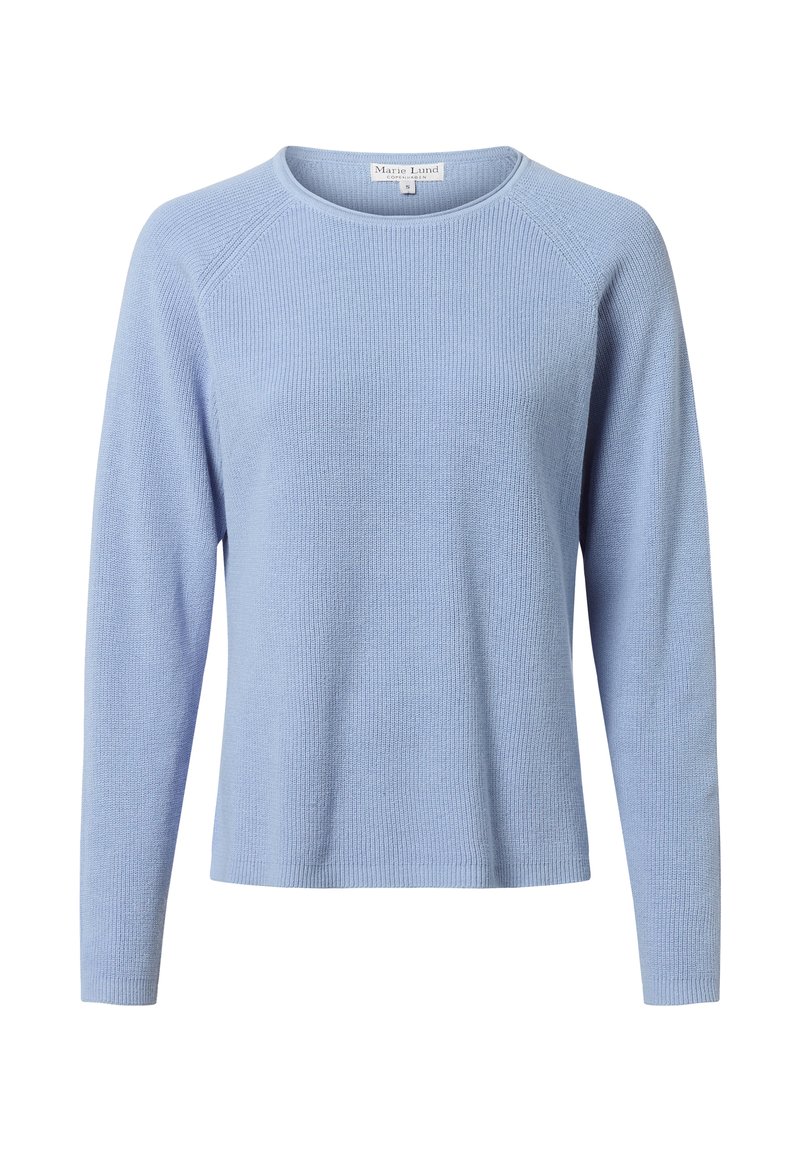 Himmelblaues gestricktes Sweatshirt mit langen Raglanärmeln und rundem Ausschnitt. Verfügt über einen strukturierten Stoff mit einem dezenten Rippmuster.