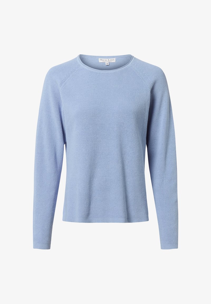 Himmelblaues gestricktes Sweatshirt mit langen Raglanärmeln und rundem Ausschnitt. Verfügt über einen strukturierten Stoff mit einem dezenten Rippmuster.