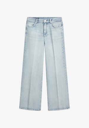 Jeans di denim azzurro chiaro a gamba larga con tasche frontali, passanti per cintura, chiusura con bottone e cerniera.