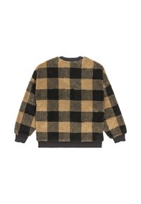 Katoenen trui met een fuzzy textuur, gekenmerkt door een zwart en beige ruitpatroon en een zwarte geribbelde ronde halslijn en mouwen. Achteraanzicht weergegeven.