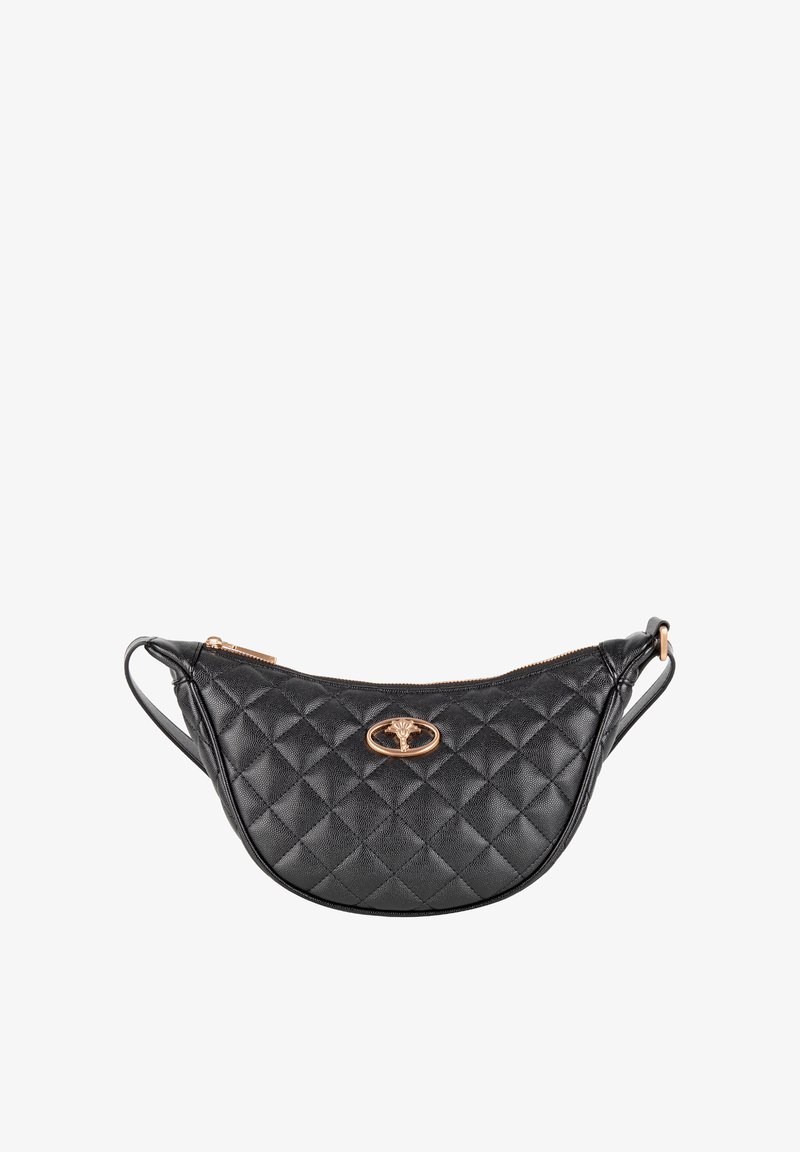 Sort quiltet læderhåndtaske med måneform, guldfarvede metaldele og lynlås. Har en tynd strop til at bære.