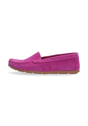 Pink suede loafers with a stitched toe design, flat rubber sole, and a rounded shape. Smooth texture, no visible hardware or patterns.
