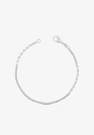 Braccialetto in argento con maglie ovali e chiusura a moschettone su sfondo bianco.