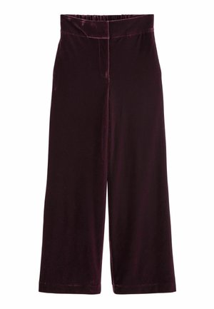 Burgundy wide-leg pants made of soft velvet fabric, featuring an elastic waistband and a smooth texture with concealed front stitching.