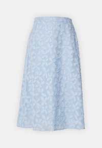 Vaaleansininen kukkakuvioinen pitsihame, jossa on luistelijahameen muotoilu. Hameessa on kohokuvioisia kukkamalleja ja suora helma. Kiinnitysmuotoa ei ole näkyvissä.