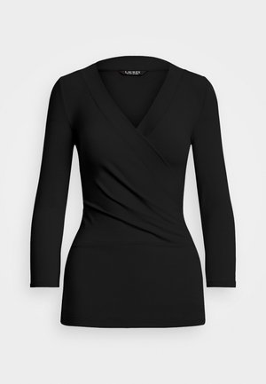 Black wrap top with long sleeves, featuring a deep V-neck, soft fabric, and a fitted silhouette. Smooth texture, minimalistic design.