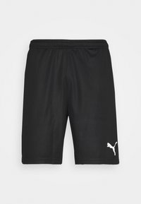 Pantalones cortos atléticos negros hechos de tela ligera, con una cinturilla elástica y un logo blanco de Puma en la parte inferior izquierda.