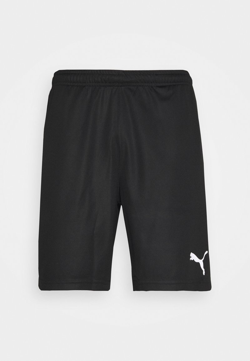 Calções atléticos pretos feitos de um tecido leve, com um cós elástico e um logótipo branco da Puma no canto inferior esquerdo.