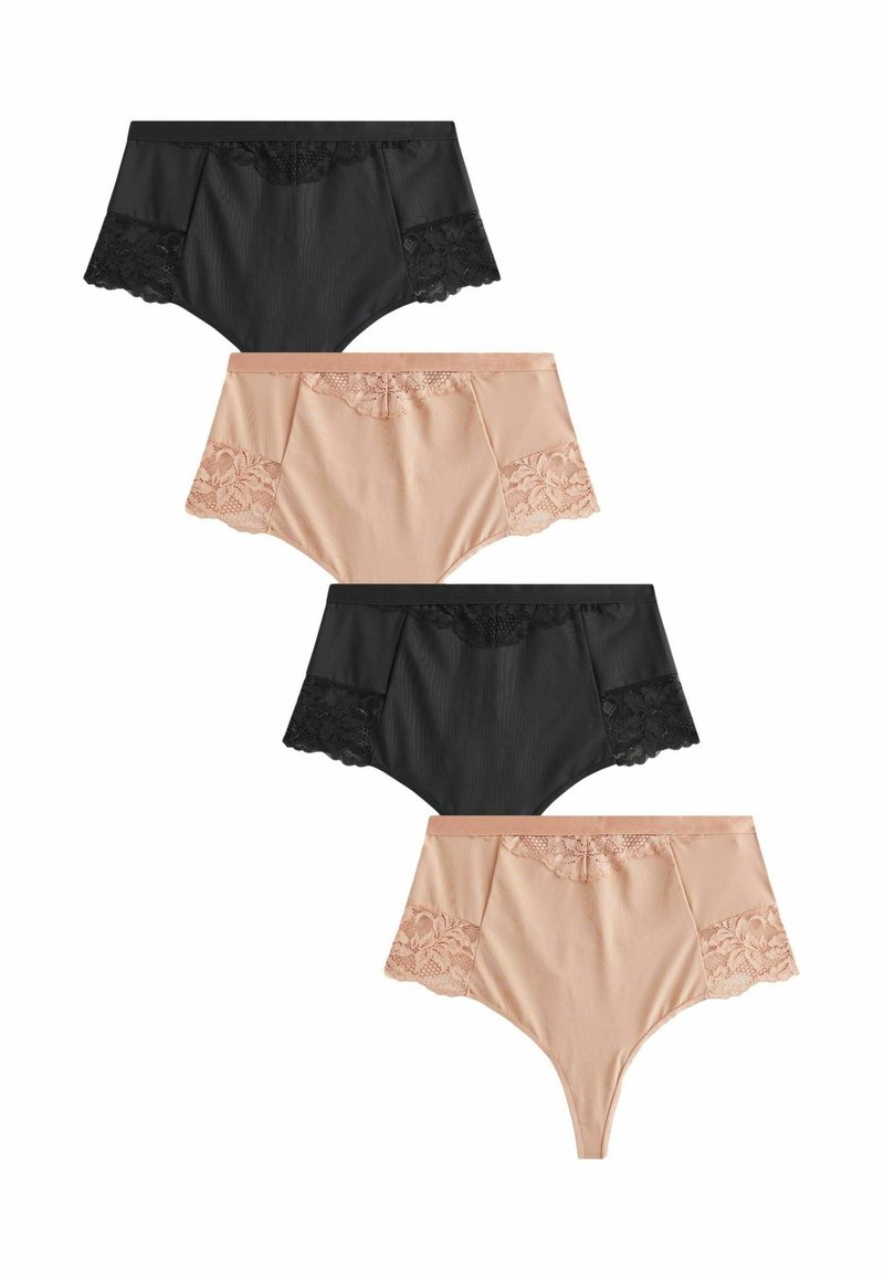 Quattro paia di mutandine donna: due nere e due nude. Ogni paio presenta un bordo in pizzo, un tessuto morbido e un design a vita alta.