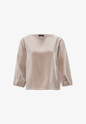 Bleke metalen blouse met lange, opgeblazen mouwen en een ronde halslijn. Gladde textuur met een subtiele glans, ontworpen voor een comfortabele pasvorm.