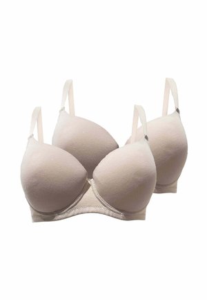 Due reggiseni imbottiti beige con spalline regolabili, mostrati su uno sfondo bianco semplice.