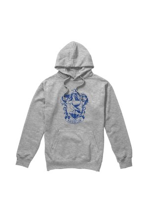 Gray hoodie with blue Ravenclaw crest featuring a raven and decorative elements, front pocket, and adjustable drawstring hood.