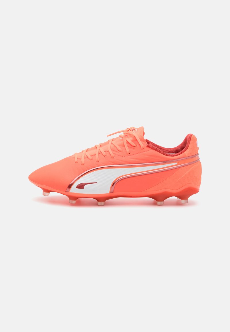 Football boot in bright coral with white and silver accents. Features a sleek design, textured upper, and molded studs for traction.
