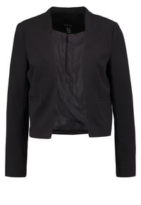 Blazer noir court à manches longues, devant ouvert, avec deux poches latérales, doté d'une doublure intérieure lisse.