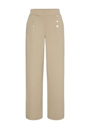 Pantalon beige taille haute à jambes larges avec six boutons décoratifs argentés sur la ceinture avant.