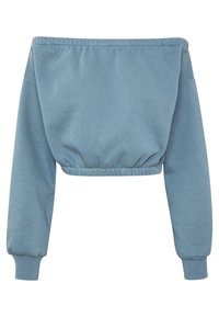 Světle modrý zkrácený svetr s výstřihem na jedno rameno, dlouhými rukávy a elastickým lemem a manžetami, vyrobený z měkké směsi bavlny.