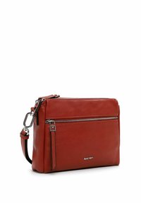 Red leather crossbody bag with silver hardware, featuring a main compartment and a front zip pocket, smooth texture, and adjustable strap.