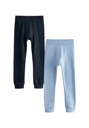 Ett par tights i marinblått och ljusblått. Ribbad textur, elastiska midjeband och muddar vid anklarna. Varje par har en mittsöm.