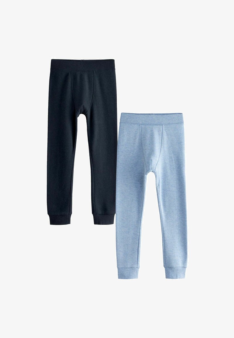 Une paire de leggings en bleu marine et bleu clair. Texture côtelée, tailles élastiques et poignets aux chevilles. Chacun comporte une couture centrale.