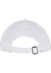 White baseball cap with a curved brim, adjustable strap with metal buckle, and stitched detailing on the back. Textured fabric.