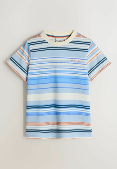 T-shirt à manches courtes pour enfants avec des rayures horizontales en bleu, blanc, orange et marine, avec un col crème et un petit logo rouge "Paul Smith".