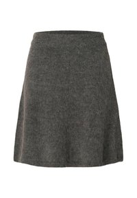 Siva vunena suknja s lepršavim dizajnom, mekanom teksturom i elastičnom sredinom. Do koljena s minimalnim detaljima šivanja.
