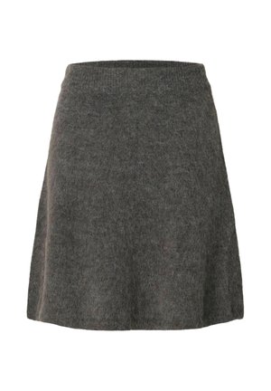 Gonna in lana grigia con design svasato, texture morbida e vita elastica. Lunghezza fino al ginocchio con dettagli di cucitura minimi.