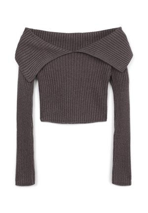 Dunkelgrauer gerippter Strickpullover mit schulterfreiem Design, verkürzt, langen Ärmeln und weitem umgeschlagenem Kragen.