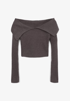 Dunkelgrauer gerippter Strickpullover mit schulterfreiem Design, verkürzt, langen Ärmeln und weitem umgeschlagenem Kragen.
