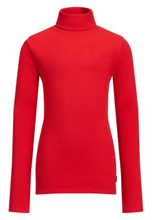 Czerwony prążkowany sweter z długim rękawem i golfem o dopasowanym kroju, wykonany z elastycznego dzianinowego materiału.