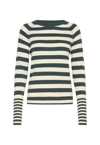 Suéter de manga larga a rayas en verde oscuro y crema. Tejido suave y elástico con cuello redondo y puños ajustados. Rayas horizontales en toda la prenda.