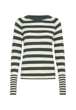 Svītrots garām piedurknēm džemperis tumši zaļā un krēmkrāsā. Mīksta, elastīga auduma konstrukcija ar apaļu dekoltē un pieguļošiem ćuļiem. Horizontālas svītras visā virsmā.