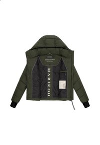 Olive green padded jacket open to show black inner lining, "MARIKOO" branding down center and upper back, zipper, and inner pocket with label.