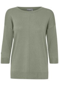 Pull léger vert clair à manches longues avec une coupe décontractée, col rond, poignets côtelés et une texture lisse. Détails de couture au centre.