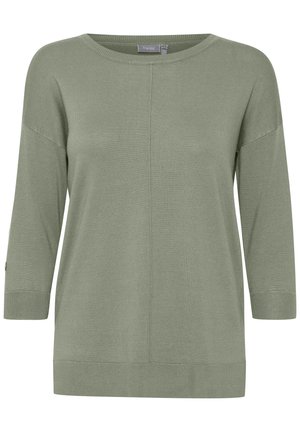 Svetlozelena, dolgosleča puli s sproščenim prileganjem, okroglim izrezom, rebrastimi manšeti in gladko teksturo. Ima detajl s srednjim šivom.