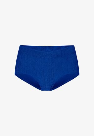 Hooggesneden blauwe onderbroek met een textuur oppervlak en een elastische tailleband; effen kleur ontwerp, zonder zichtbare patronen of extra accenten.