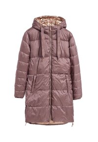 Parka marrone imbottita con cappuccio, dotata di una sottile fodera dorata lucida, chiusura a zip e cordini elasticizzati; include tasche laterali.