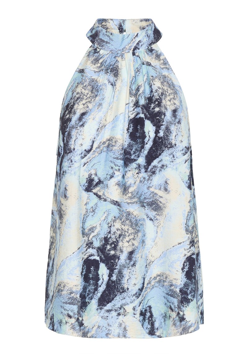 Robe sans manches à col halter avec motif abstrait marbre bleu, blanc et noir, encolure froncée et coupe ample.