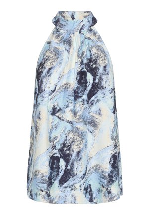 Lahka obleka s halter vratom, z abstraktnim vzorcem v modri in smetanasti barvi. Ima zbrano vratno linijo in sproščen kroj.