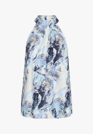 Robe légère à col halter avec un motif abstrait bleu et crème. Présente un col froncé et une coupe décontractée.