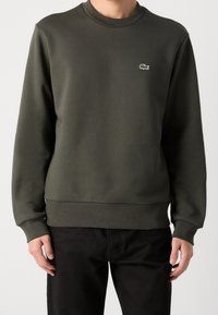 Dark green sweatshirt with long sleeves and round neckline; features a small Lacoste logo on the chest and ribbed hem and cuffs.