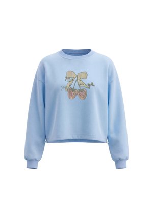 Lyseblå sweatshirt med lange ærmer og ribstrikkede ærmegab, med et palietdesign af to kirsebær bundet med en sløjfe foran.
