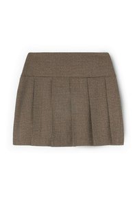 Gonna plissettata marrone a fantasia con una vita alta. Presenta un motivo a quadri e una texture liscia. Arriva sopra il ginocchio.