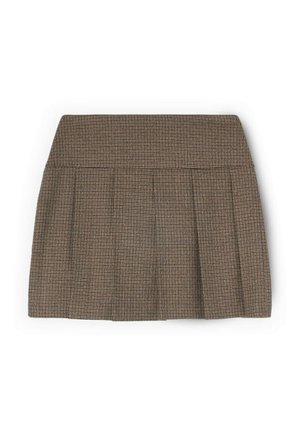 Brauner, gemusterter Faltenrock mit hohem Bund. Verfügt über ein kariertes Design und eine glatte Textur. Reicht knapp über das Knie.