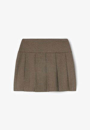 Brauner, gemusterter Faltenrock mit hohem Bund. Verfügt über ein kariertes Design und eine glatte Textur. Reicht knapp über das Knie.