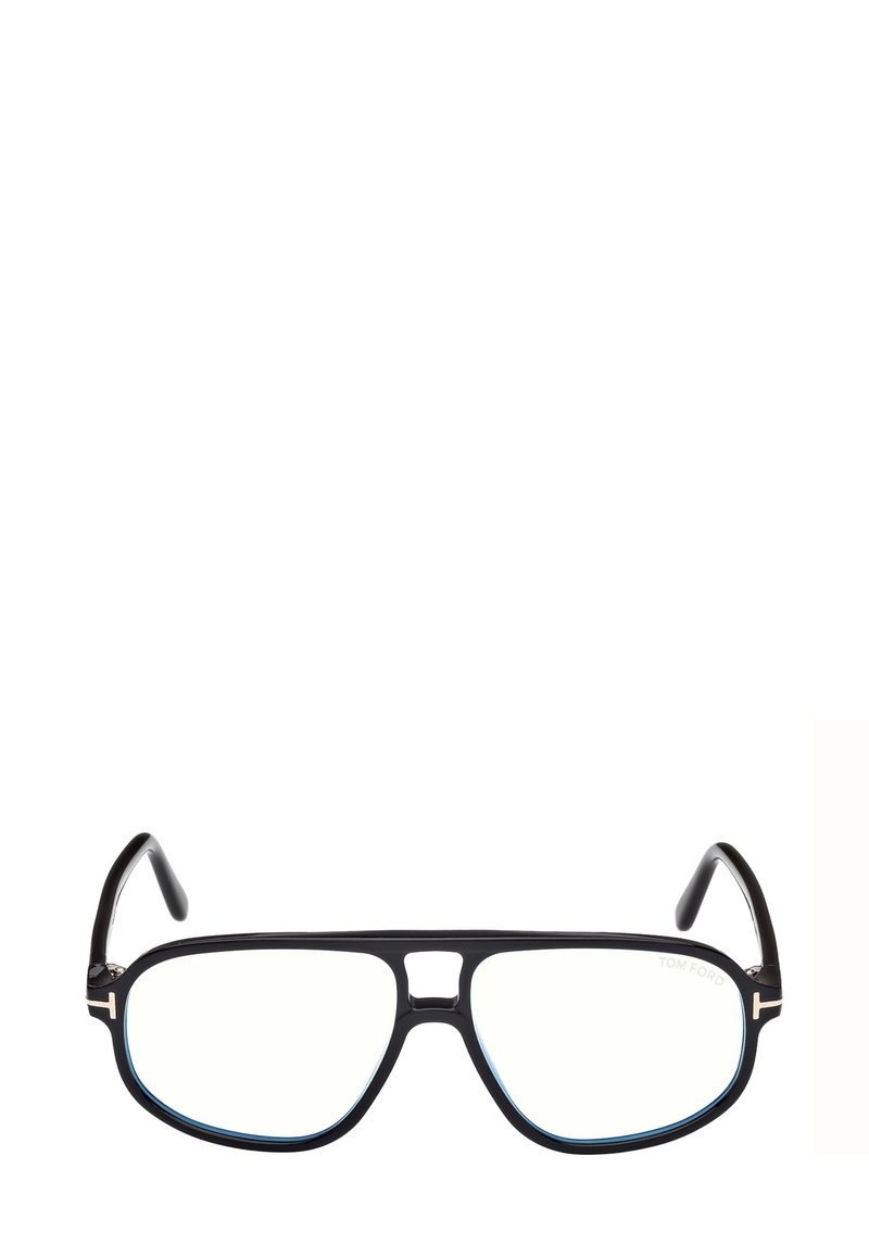 Occhiali da sole rettangolari neri con finitura lucida, dettaglio azzurro chiaro sul bordo e accenti in metallo dorato. Lenti trasparenti e design elegante.