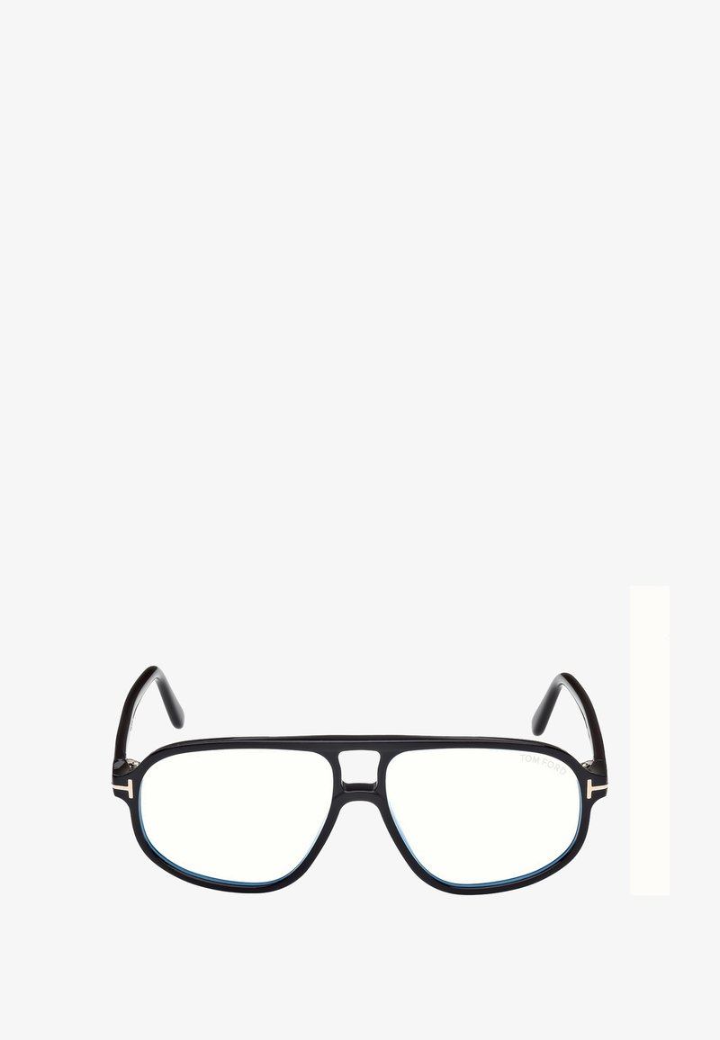 Occhiali da sole rettangolari neri con finitura lucida, dettaglio azzurro chiaro sul bordo e accenti in metallo dorato. Lenti trasparenti e design elegante.