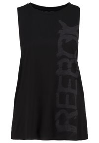 Black sleeveless top made of soft fabric, featuring a large, dark grey Reebok logo design on the front, with a round neckline.