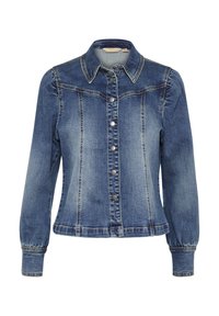 Denim jakna v svetlo modri barvi z gumbi spredaj, žepi na prsih, koničastim ovratnikom in nabrano manšeto. Oblečena tekstura dodaja vizualni interes.